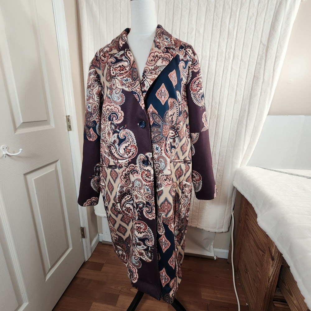 Chico's 4 Paisley Print Long Trench Coat Jacket XXL US 20/22 Burgundy Navy Tan